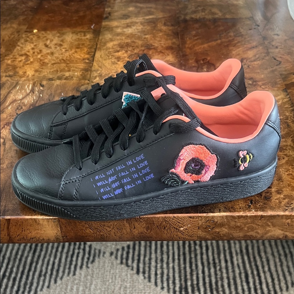 Puma Black Sneakers with Pink Floral Embroidery